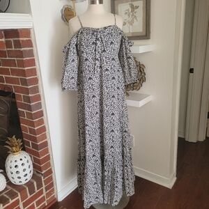 INC Black and White Floral Off-Shoulder Maxi Dress Ruffles Size Large NWT